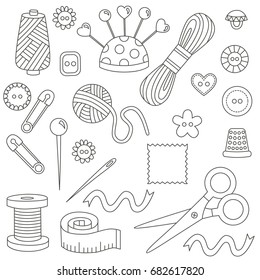 Doodle sewing tools equipment black and white vector set