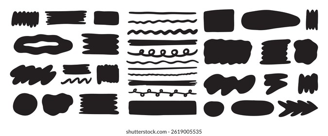 doodle shape rough and hand drawn rectangle grunge brush texture set. line button and circle frames. round sketch banner and borders. Vector illustration