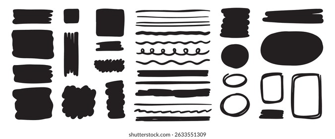 doodle shape rough and hand drawn rectangle grunge brush texture set. line button and circle frames. round sketch banner and borders. Vector illustration