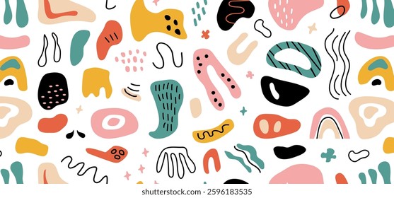 Doodle shape seamless pattern, organic blob background, modern scribble line hand drawn print. Cartoon contemporary element bg. Colorful sketch texture. Creative vector illustration