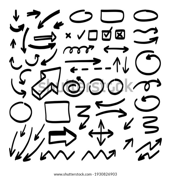 Doodle shapes. Arrows sketch\
elements. Vector cartoon frames. Hand drawn set of icons and\
frames.