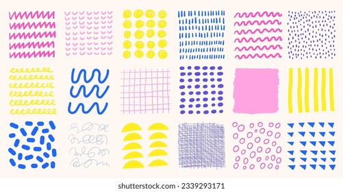Doodle da forma a un conjunto grande. Elementos dibujados a mano con rayas, puntos, líneas, remolinos, olas. Patrones para los niños. Varios elementos de diseño de doodle, colección de trazos de pincel vectorial de mano libre Abstract.