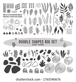 Doodle shapes big set hand drawn. Vector flat illustrations. Big set of hand drawn various shapes, leaves, and plants. Abstract contemporary modern trendy vector image. All elements are isolated.