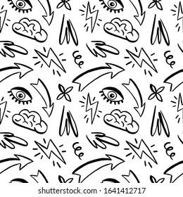 Doodle shapes. Eyes, arrows, stars, dots. Abstract seamless patterns. Trendy print design. Art for different purposes. Ready-to-use design template. Vector illustration.