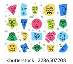 Doodle shapes with faces. Happy angry scared laughing smile angry facial expression icons, cute geometric forms of abstract characters. Vector isolated collection. Negative and positive feelings