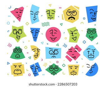 Doodle shapes with faces. Happy angry scared laughing smile angry facial expression icons, cute geometric forms of abstract characters. Vector isolated collection. Negative and positive feelings