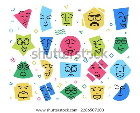 Doodle shapes with faces. Happy angry scared laughing smile angry facial expression icons, cute geometric forms of abstract characters. Vector isolated collection. Negative and positive feelings