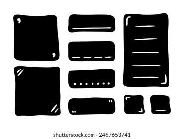 Doodle Formas y marcos para las redes sociales. Cuadro de texto aislado abstracto negro. Globos de burbuja de voz para diálogo