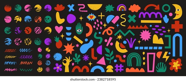 Doodle shapes. Hand drawn paint graphic. Colorful grunge sketch. Cute scribble textures. Modern blobs or flowers. Silhouette spots. Pencil strokes. Simple elements set. Vector abstract tidy background