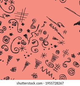 El doodle da forma a un patrón impecable. Resumen de los elementos de dibujo sobre un fondo rosado. Ilustración artística para diseños de moda, impresiones.