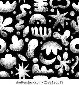 Doodle shapes seamless pattern. Naive abstract shape on black background. Hand drawn noisy grain shape silhouette. Nature objects and elements texture. Vector print.