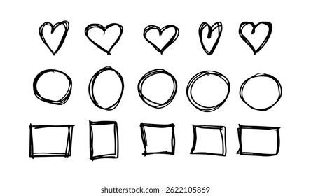 Doodle shapes set with hearts, circles, square frames.