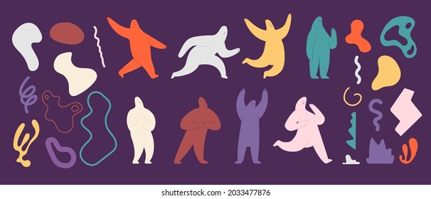 Doodle shapes and silhouettes. Abstract art shape, scribble human. Colorful artistic decorations, hand drawn creative utter vector elements