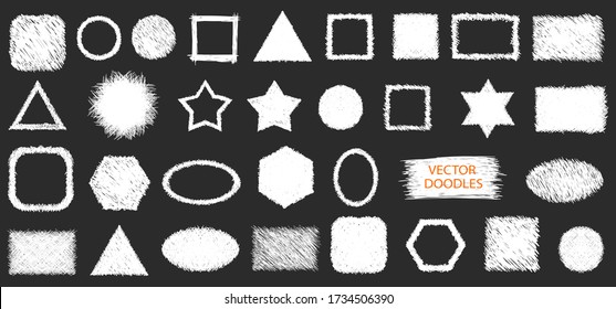 Conjunto vectorial de formas de garabato. Esbozos de pluma. Dibujar formas, fondos y marcos. Colección simple de garabatos. Dibujo a lápiz de un cuaderno de bocetos.
