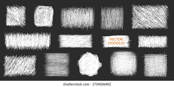 Conjunto vectorial de formas de garabato. Esbozos de pluma. Dibujar formas, fondos y marcos. Colección simple de garabatos. Dibujo a lápiz de un cuaderno de bocetos.
