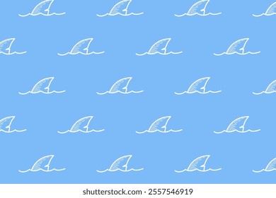 doodle shark fin with sea wave seamless pattern on blue background for marine and nature decorative, merchandise.  shark fin line seamless pattern background. seamless pattern of shark fin background