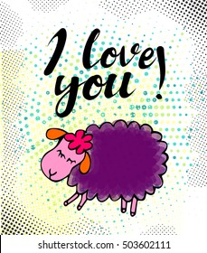 Doodle sheep card with "I love you". Cute illustration of violet sleeping animal. 