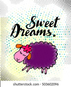 Doodle sheep card with "Sweet dreams lettering". Cute illustration of violet sleeping animal. 