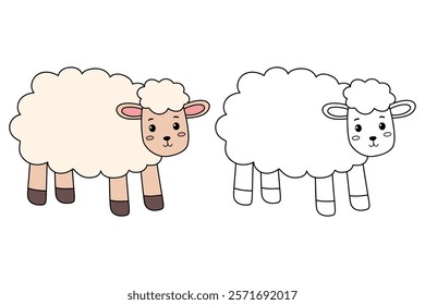 Doodle sheep isolated on white background vector. Sheep coloring Page. Farm animal sheep coloring page for kindergarten and preschool worksheets for kids printable. Trace and color sheep.