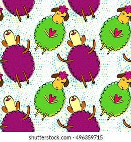 Doodle sheep seamless pattern with retro halftones. Kid's drawings style