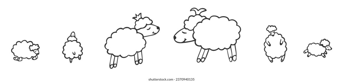 Doodle sheep set. Cute lambs. Vector illustration for textil design, for kids, coloring book