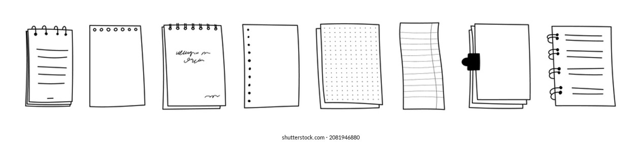 Doodle sheets of various notebooks. Hand-drawn paper with stripes, polka dots, blank. Spring-loaded notebooks reminders, memory. Set vector illustrations sketch pages for school notes or information.
