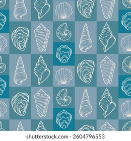 Doodle shells and mollusks. Hand drawn endless pattern. Summer background in blue colors