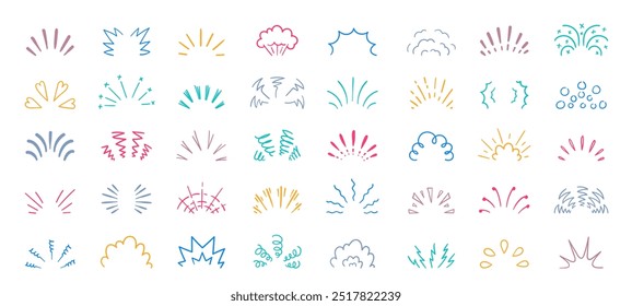 Doodle shine sunburst. Abstract retro sun rays elements with sparkle, decorative hand drawn sunburst for background design. Vector isolated set.