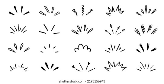 Doodle shine sunburst sparkle ray elements. Hand drawn pop surprise line frame for title headline illustration. Doodle vector illustration.