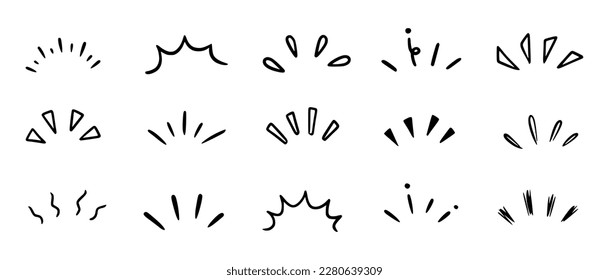 Doodle shine sunburst sparkle ray elements. Hand drawn pop surprise line frame for title headline illustration. Doodle vector illustration