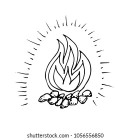 Doodle shining camping fire hand drawn black and white vector illustration
