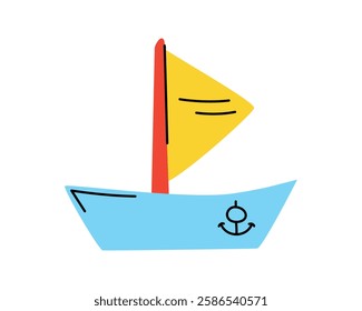 Doodle Ship with Sail. Children drawing. Sea and river transport with Anchor for kids. Vessel, boat, watercraft. Isolated on white background. Scribble. Color image with outline. Vector illustration