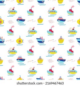 Doodle ship seamless pattern. Sailing texture, boy boat fabric print. Marine graphics with sailboat, summer ocean elements nowaday vector background