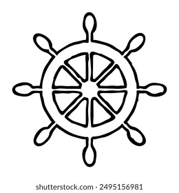 Doodle ship steering wheel, simple style maritime outline silhouette icon