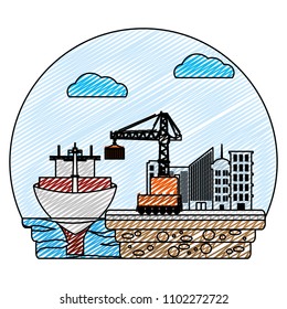 doodle ship transport and crane with container cargo