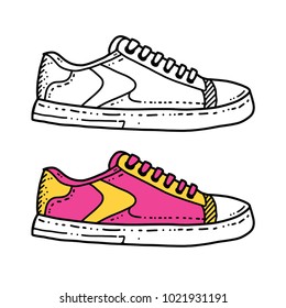 doodle shoes line art and color version, old school pink and yellow colors