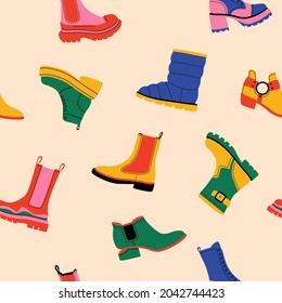 Doodle shoes pattern. Seamless print with colourful trendy male and female footwear. Vector shoes texture
