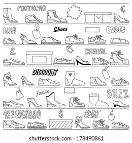 Doodle shoes set hand drawn. Vector illustration.