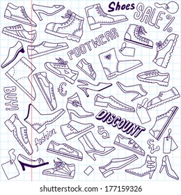 Doodle shoes set. School notebook. Vector illustration.