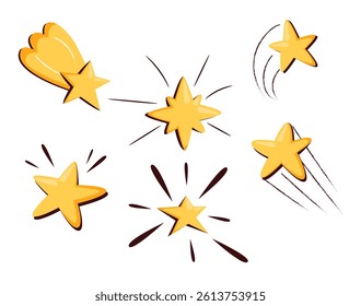 Doodle Shooting Cute Star Icons Vector Set. Yellow Little Falling Stars. Cartoon Comets Collection for Holiday or Birthday Party Design. Kawaii Characters for Kids