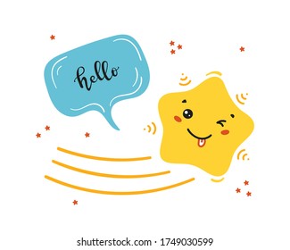 Doodle Shooting Cute Star and Speech Bubble with Hello word. Yellow Little Kawaii Falling Stars. Greeting Card, T-shirt Print, Poster for Nursery, Baby Holiday or Birthday Party Design for Kids
