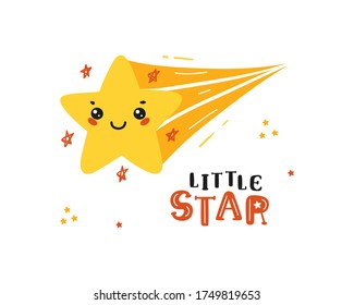 Doodle Shooting Star. Yellow Cute Kawaii Falling Stars. "Little Star" Greeting Card for Kids. T-shirt Print, Poster for Nursery, Baby Shower, Holiday or Birthday Party Design