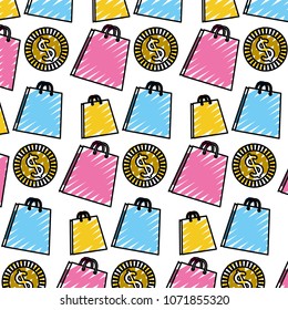doodle shoppig bags and coin currency background