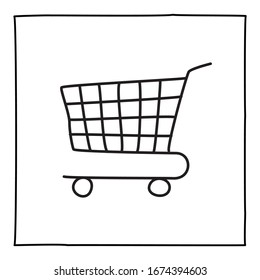 Doodle shopping cart icon or logo, hand drawn with thin black line.
