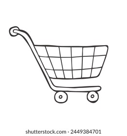 Doodle shopping cart icon or logo, hand drawn with thin black line.