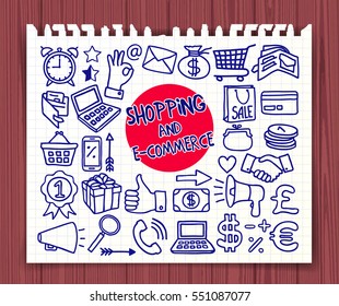 Doodle Shopping Ecommerce Icons Set. Sale, Retail, Internet Shop Concept. Hand Drawn Symbols. Graphic Elements For Web Site, Corporate Printable, Educational Poster, Infogrpahics. Vector Illustration