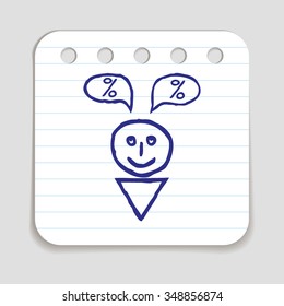 Doodle Shopping icon. A boy thinking of discounts and sale. Blue pen hand drawn infographic symbol on notepaper. Line art style graphic design element. Web button with shadow.
