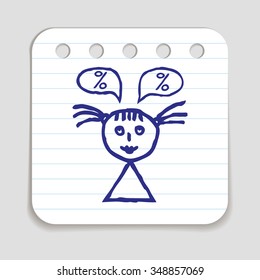 Doodle Shopping icon. A girl thinking of discounts and sale. Blue pen hand drawn infographic symbol on notepaper. Line art style graphic design element. Web button with shadow.