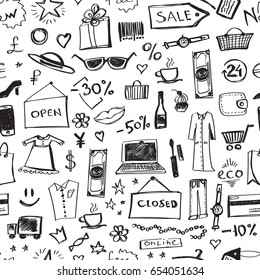 Doodle shopping icons seamless pattern.  Abstract sale or offer background. Monochrome texture. Vector illustration.