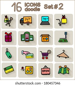 Doodle shopping icons set, colorful hand drawn cartoon collection, vector illustration